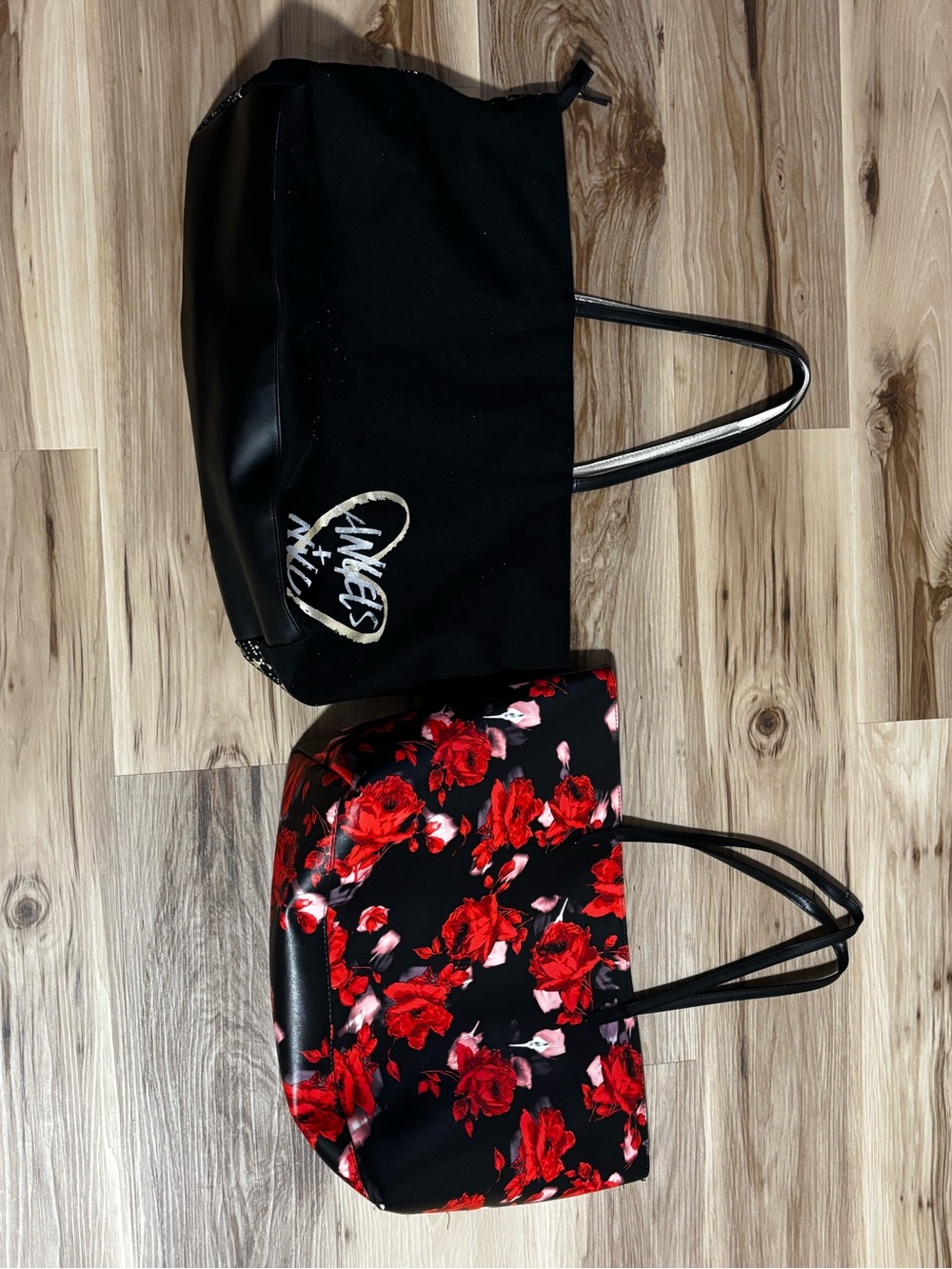 Victoria's Secret Black Star Print Tote & Black Red Rose Floral Tote - Picture 2 of 6